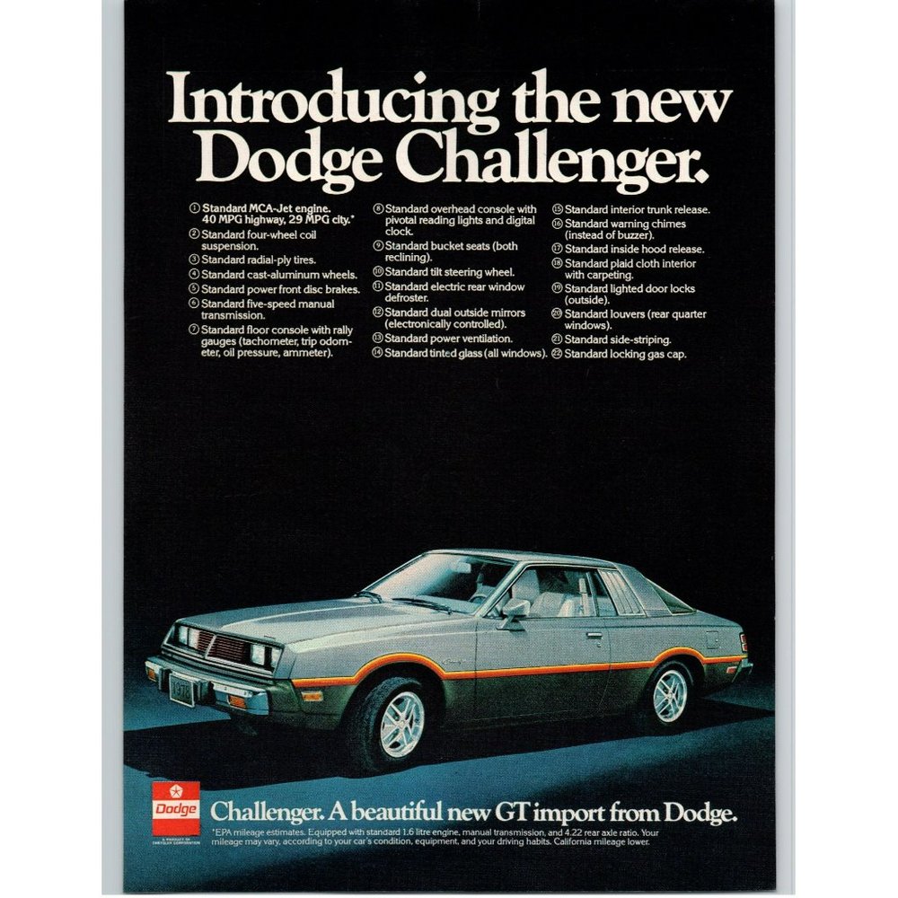 1978 New Dodge Challenger GT 2 Door Coupe Vintage Print Ad Man Cave Garage Decor